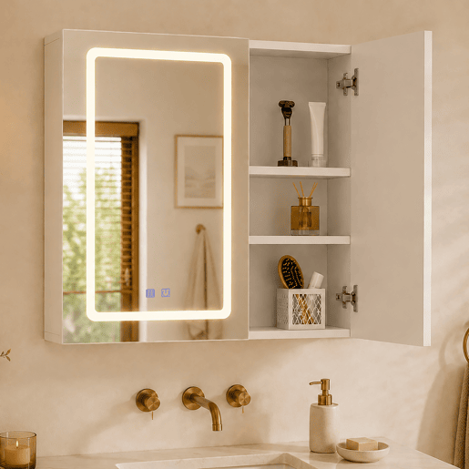 Armário com espelho para banheiro branco 70x60x13,5 cm u2013 Armário com espelho duplo em LED com controle por toque, função antiembaçante e prateleiras de vidro com altura ajustável. Armário com espelho para banheiro branco 70x60x13,5 cm u2013 Armário com espelho duplo em LED com controle por toque, função antiembaçante e prateleiras de vidro com altura ajustável.
