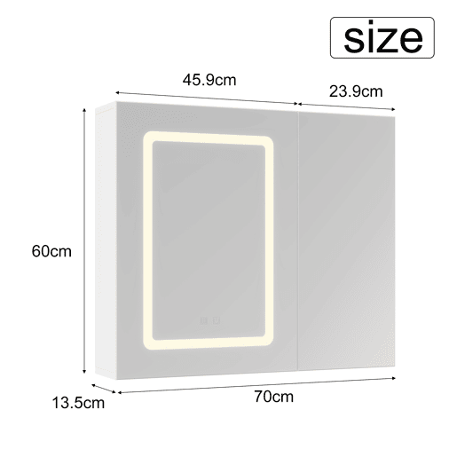 Armário com espelho para banheiro branco 70x60x13,5 cm u2013 Armário com espelho duplo em LED com controle por toque, função antiembaçante e prateleiras de vidro com altura ajustável. Armário com espelho para banheiro branco 70x60x13,5 cm u2013 Armário com espelho duplo em LED com controle por toque, função antiembaçante e prateleiras de vidro com altura ajustável.