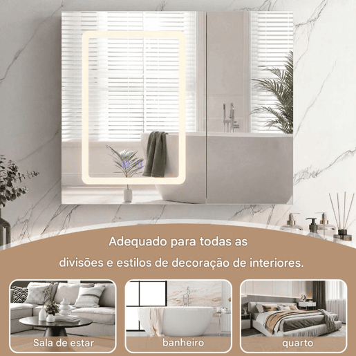 Armário com espelho para banheiro branco 70x60x13,5 cm u2013 Armário com espelho duplo em LED com controle por toque, função antiembaçante e prateleiras de vidro com altura ajustável. Armário com espelho para banheiro branco 70x60x13,5 cm u2013 Armário com espelho duplo em LED com controle por toque, função antiembaçante e prateleiras de vidro com altura ajustável.
