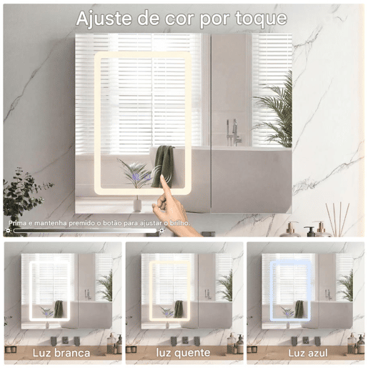 Armário com espelho para banheiro branco 70x60x13,5 cm u2013 Armário com espelho duplo em LED com controle por toque, função antiembaçante e prateleiras de vidro com altura ajustável. Armário com espelho para banheiro branco 70x60x13,5 cm u2013 Armário com espelho duplo em LED com controle por toque, função antiembaçante e prateleiras de vidro com altura ajustável.
