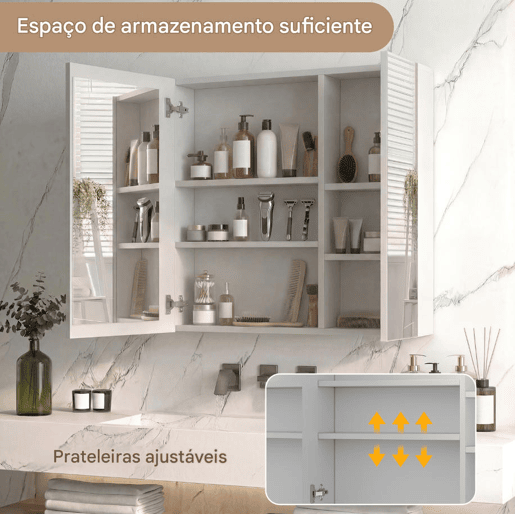 Armário com espelho para banheiro branco 70x60x13,5 cm u2013 Armário com espelho duplo em LED com controle por toque, função antiembaçante e prateleiras de vidro com altura ajustável. Armário com espelho para banheiro branco 70x60x13,5 cm u2013 Armário com espelho duplo em LED com controle por toque, função antiembaçante e prateleiras de vidro com altura ajustável.