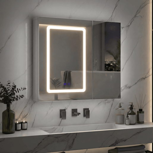 Armário com espelho para banheiro branco 70x60x13,5 cm u2013 Armário com espelho duplo em LED com controle por toque, função antiembaçante e prateleiras de vidro com altura ajustável. Armário com espelho para banheiro branco 70x60x13,5 cm u2013 Armário com espelho duplo em LED com controle por toque, função antiembaçante e prateleiras de vidro com altura ajustável.