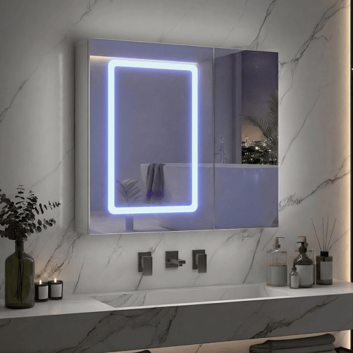 Armário com espelho para banheiro branco 70x60x13,5 cm u2013 Armário com espelho duplo em LED com controle por toque, função antiembaçante e prateleiras de vidro com altura ajustável. Armário com espelho para banheiro branco 70x60x13,5 cm u2013 Armário com espelho duplo em LED com controle por toque, função antiembaçante e prateleiras de vidro com altura ajustável.
