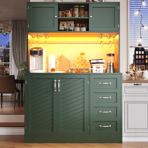 Armário de cozinha de mdf com 4 portas,4 gavetas e luz led,verde Armário de cozinha de mdf com 4 portas,4 gavetas e luz led,verde
