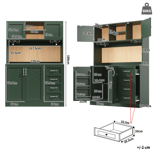 Armário de cozinha de mdf com 4 portas,4 gavetas e luz led,verde Armário de cozinha de mdf com 4 portas,4 gavetas e luz led,verde