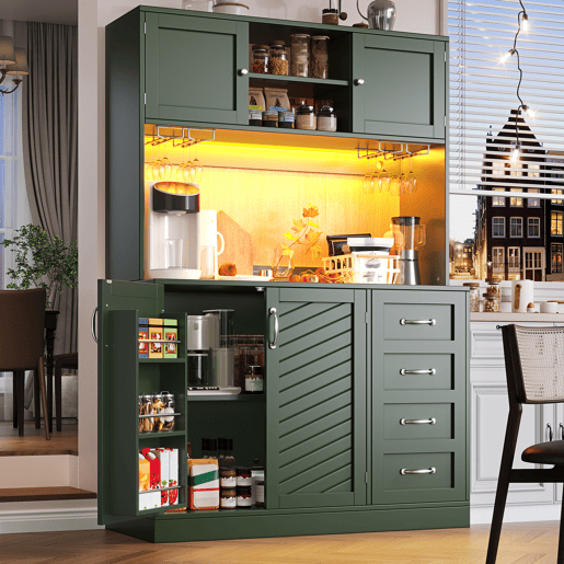 Armário de cozinha de mdf com 4 portas,4 gavetas e luz led,verde Armário de cozinha de mdf com 4 portas,4 gavetas e luz led,verde