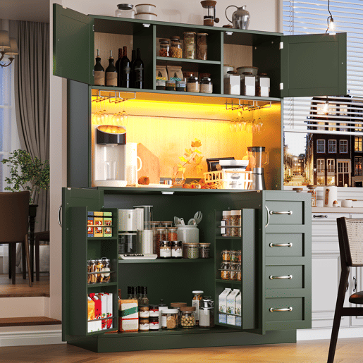 Armário de cozinha de mdf com 4 portas,4 gavetas e luz led,verde Armário de cozinha de mdf com 4 portas,4 gavetas e luz led,verde
