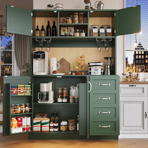 Armário de cozinha de mdf com 4 portas,4 gavetas e luz led,verde Armário de cozinha de mdf com 4 portas,4 gavetas e luz led,verde