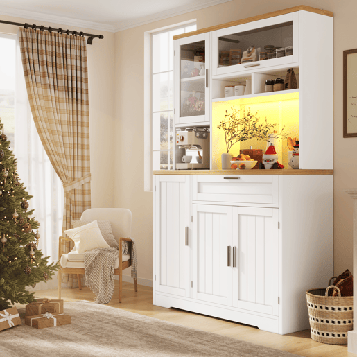 Armário de cozinha de mdf com 5 portas,1 gaveta e luz led,branco+madeira Armário de cozinha de mdf com 5 portas,1 gaveta e luz led,branco+madeira