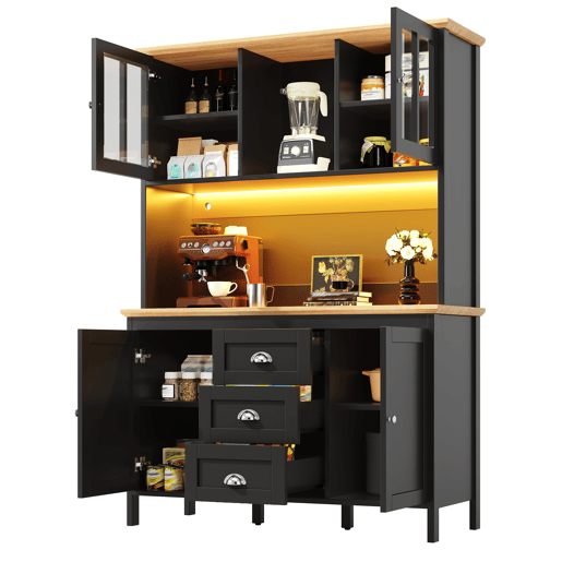 Armário de cozinha de mdf com 4 portas,3 gavetas e luz led,preto Armário de cozinha de mdf com 4 portas,3 gavetas e luz led,preto