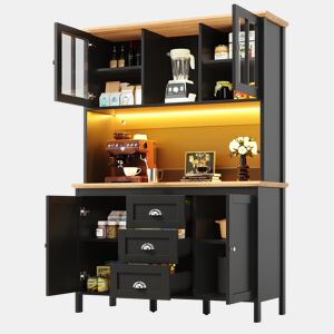 Armário de cozinha de mdf com 4 portas,3 gavetas e luz led,preto