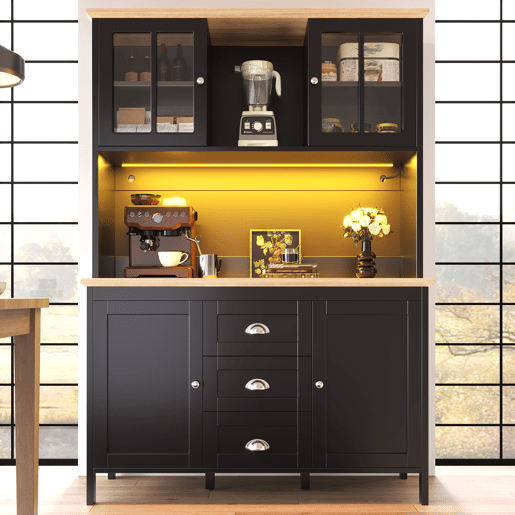 Armário de cozinha de mdf com 4 portas,3 gavetas e luz led,preto Armário de cozinha de mdf com 4 portas,3 gavetas e luz led,preto