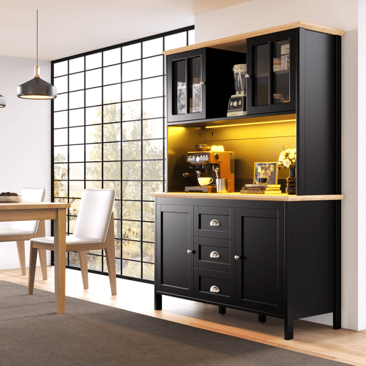 Armário de cozinha de mdf com 4 portas,3 gavetas e luz led,preto Armário de cozinha de mdf com 4 portas,3 gavetas e luz led,preto