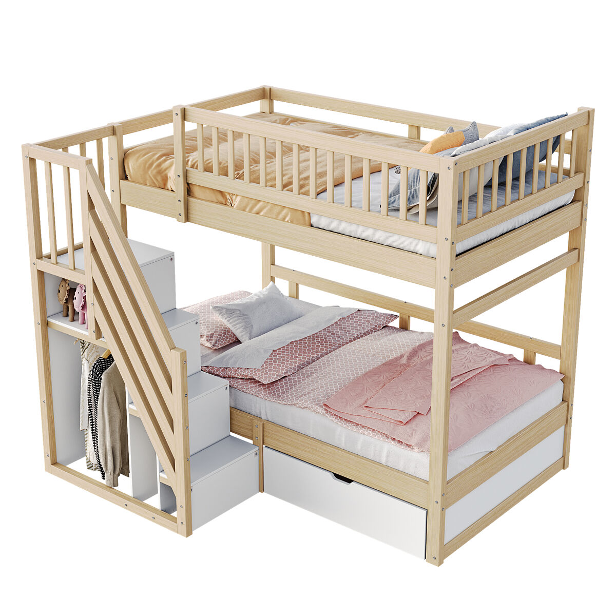 Litera infantil de madera maciza 90x200 cm,natural+blanco