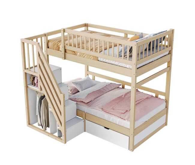 Litera infantil de madera maciza 90x200 cm,natural+blanco