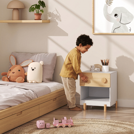 Mesa de cabeceira infantil Vaarentaa 2 gavetas + 1 compartimento 47x40x35 cm BrancoCarvalho en.casa Mesa de cabeceira infantil Vaarentaa 2 gavetas + 1 compartimento 47x40x35 cm BrancoCarvalho en.casa