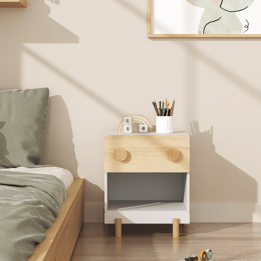 Mesa de cabeceira infantil Vaarentaa 2 gavetas + 1 compartimento 47x40x35 cm BrancoCarvalho en.casa Mesa de cabeceira infantil Vaarentaa 2 gavetas + 1 compartimento 47x40x35 cm BrancoCarvalho en.casa