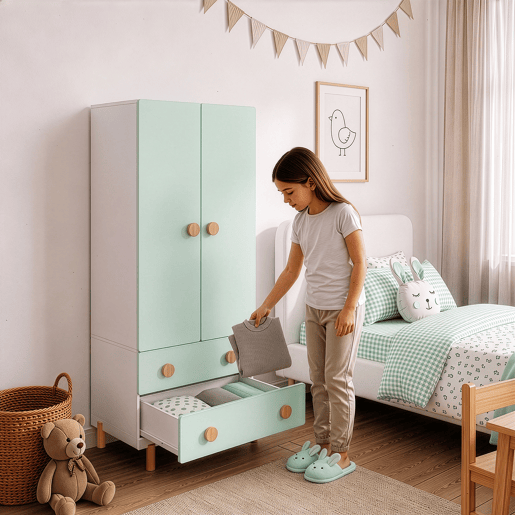 Roupeiro infantil Vaarentaa 2 gavetas 156x60x41 cm BrancoVerde menta en.casa