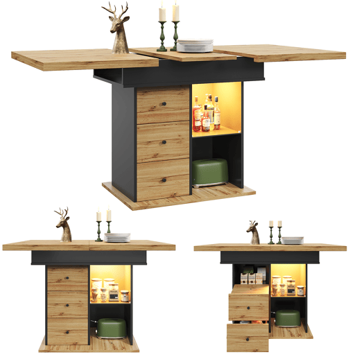 Mesa de jantar extensível retangular 110-140máx cm de mdf com luz led,preto+madeira Mesa de jantar extensível retangular 110-140máx cm de mdf com luz led,preto+madeira