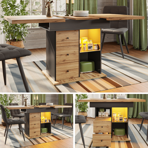 Mesa de jantar extensível retangular 110-140máx cm de mdf com luz led,preto+madeira Mesa de jantar extensível retangular 110-140máx cm de mdf com luz led,preto+madeira