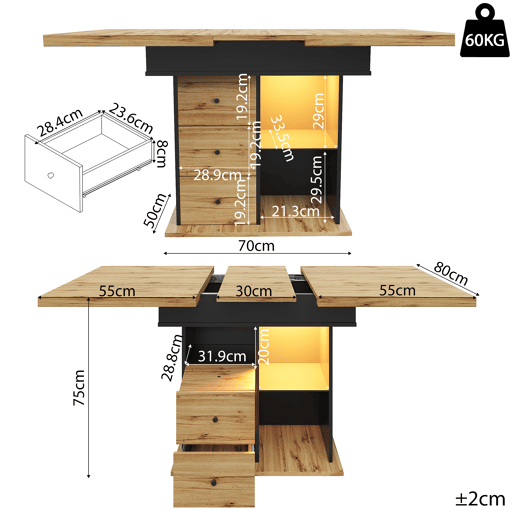 Mesa de jantar extensível retangular 110-140máx cm de mdf com luz led,preto+madeira Mesa de jantar extensível retangular 110-140máx cm de mdf com luz led,preto+madeira