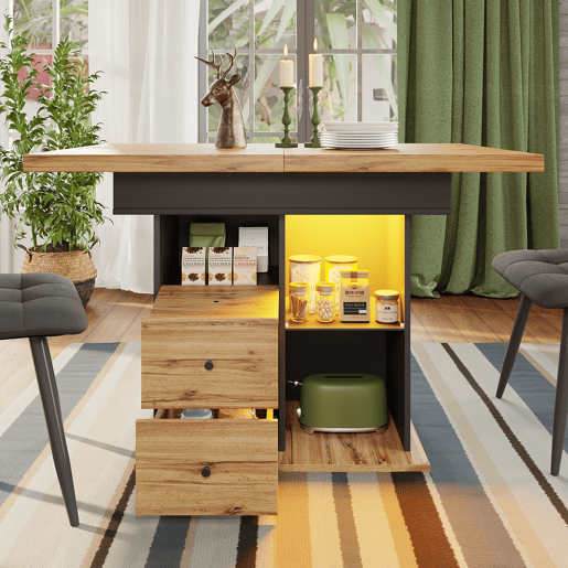 Mesa de jantar extensível retangular 110-140máx cm de mdf com luz led,preto+madeira Mesa de jantar extensível retangular 110-140máx cm de mdf com luz led,preto+madeira