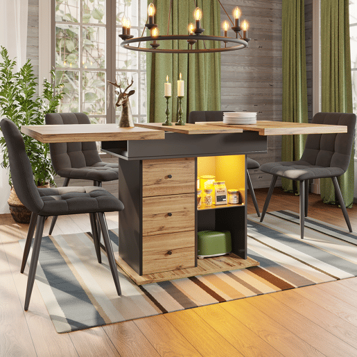 Mesa de jantar extensível retangular 110-140máx cm de mdf com luz led,preto+madeira Mesa de jantar extensível retangular 110-140máx cm de mdf com luz led,preto+madeira