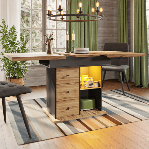 Mesa de jantar extensível retangular 110-140máx cm de mdf com luz led,preto+madeira Mesa de jantar extensível retangular 110-140máx cm de mdf com luz led,preto+madeira