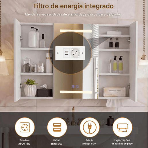 Espelho de banheiro com iluminação LED e prateleiras de vidro ajustáveis, 100,4 × 60 × 13,5 cm. Um elemento funcional para o banheiro