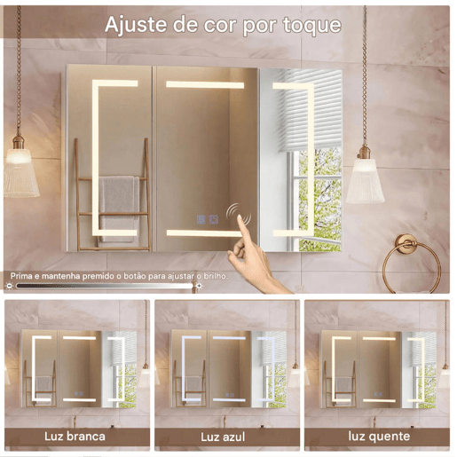 Espelho de banheiro com iluminação LED e prateleiras de vidro ajustáveis, 100,4 × 60 × 13,5 cm. Um elemento funcional para o banheiro