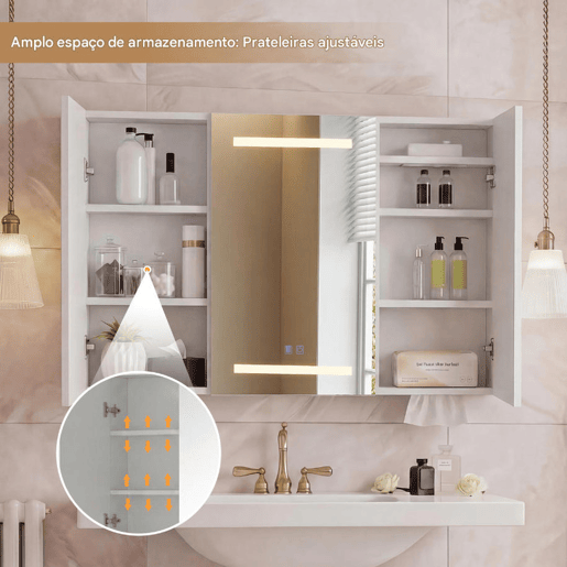 Espelho de banheiro com iluminação LED e prateleiras de vidro ajustáveis, 100,4 × 60 × 13,5 cm. Um elemento funcional para o banheiro