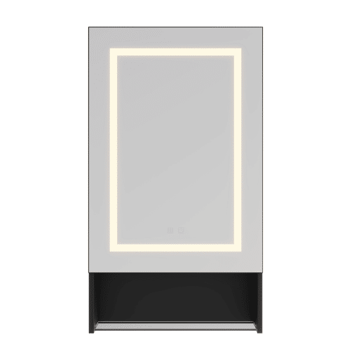 Armário de banheiro com espelho preto u2013 50x88x16 cm. Iluminação LED, prateleiras de vidro ajustáveis u200Bu200Be compartimentos de armazenamento abertos Armário de banheiro com espelho preto u2013 50x88x16 cm. Iluminação LED, prateleiras de vidro ajustáveis u200Bu200Be compartimentos de armazenamento abertos