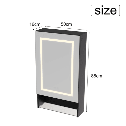 Armário de banheiro com espelho preto u2013 50x88x16 cm. Iluminação LED, prateleiras de vidro ajustáveis u200Bu200Be compartimentos de armazenamento abertos Armário de banheiro com espelho preto u2013 50x88x16 cm. Iluminação LED, prateleiras de vidro ajustáveis u200Bu200Be compartimentos de armazenamento abertos