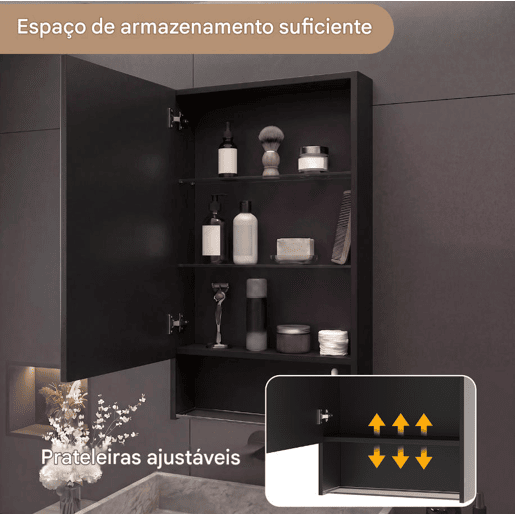 Armário de banheiro com espelho preto u2013 50x88x16 cm. Iluminação LED, prateleiras de vidro ajustáveis u200Bu200Be compartimentos de armazenamento abertos Armário de banheiro com espelho preto u2013 50x88x16 cm. Iluminação LED, prateleiras de vidro ajustáveis u200Bu200Be compartimentos de armazenamento abertos