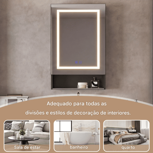 Armário de banheiro com espelho preto u2013 50x88x16 cm. Iluminação LED, prateleiras de vidro ajustáveis u200Bu200Be compartimentos de armazenamento abertos Armário de banheiro com espelho preto u2013 50x88x16 cm. Iluminação LED, prateleiras de vidro ajustáveis u200Bu200Be compartimentos de armazenamento abertos