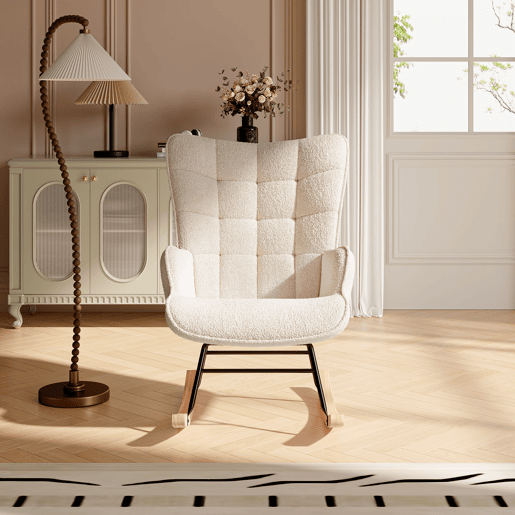 Cadeira de baloiço para quarto de criança, cadeira de baloiço estofada com encosto alto para sala de estar, quarto ou escritório, bege Cadeira de baloiço para quarto de criança, cadeira de baloiço estofada com encosto alto para sala de estar, quarto ou escritório, bege