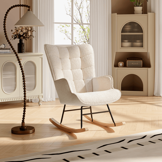 Cadeira de baloiço para quarto de criança, cadeira de baloiço estofada com encosto alto para sala de estar, quarto ou escritório, bege Cadeira de baloiço para quarto de criança, cadeira de baloiço estofada com encosto alto para sala de estar, quarto ou escritório, bege