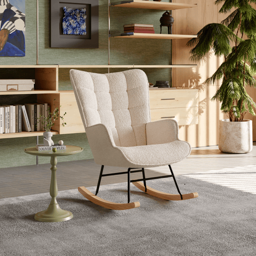 Cadeira de baloiço para quarto de criança, cadeira de baloiço estofada com encosto alto para sala de estar, quarto ou escritório, bege Cadeira de baloiço para quarto de criança, cadeira de baloiço estofada com encosto alto para sala de estar, quarto ou escritório, bege