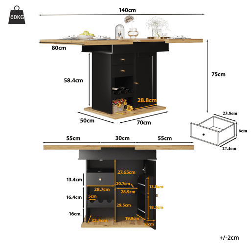 Mesa de jantar extensível retangular 110-140máx cm de mdf,preto+madeira Mesa de jantar extensível retangular 110-140máx cm de mdf,preto+madeira
