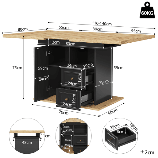 Mesa de jantar extensível retangular 110-140máx cm de mdf,preto+madeira Mesa de jantar extensível retangular 110-140máx cm de mdf,preto+madeira
