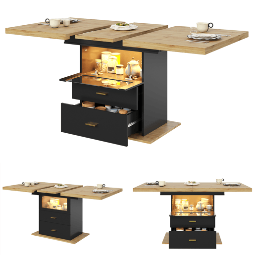 Mesa de jantar extensível retangular 110-140máx cm de mdf com luz led,preto+madeira Mesa de jantar extensível retangular 110-140máx cm de mdf com luz led,preto+madeira