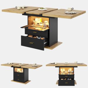 Mesa de jantar extensível retangular 110-140máx cm de mdf com luz led,preto+madeira