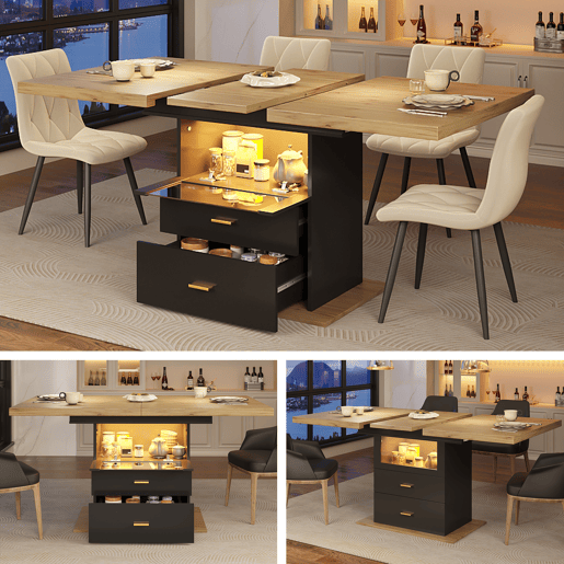 Mesa de jantar extensível retangular 110-140máx cm de mdf com luz led,preto+madeira Mesa de jantar extensível retangular 110-140máx cm de mdf com luz led,preto+madeira