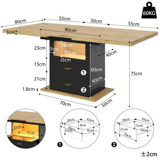 Mesa de jantar extensível retangular 110-140máx cm de mdf com luz led,preto+madeira Mesa de jantar extensível retangular 110-140máx cm de mdf com luz led,preto+madeira