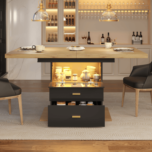 Mesa de jantar extensível retangular 110-140máx cm de mdf com luz led,preto+madeira Mesa de jantar extensível retangular 110-140máx cm de mdf com luz led,preto+madeira