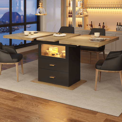 Mesa de jantar extensível retangular 110-140máx cm de mdf com luz led,preto+madeira Mesa de jantar extensível retangular 110-140máx cm de mdf com luz led,preto+madeira