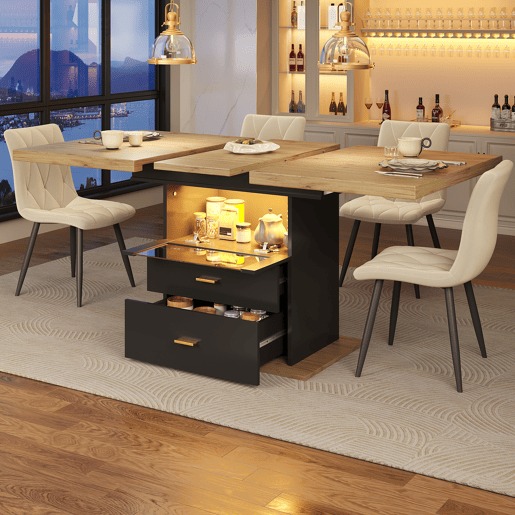 Mesa de jantar extensível retangular 110-140máx cm de mdf com luz led,preto+madeira Mesa de jantar extensível retangular 110-140máx cm de mdf com luz led,preto+madeira