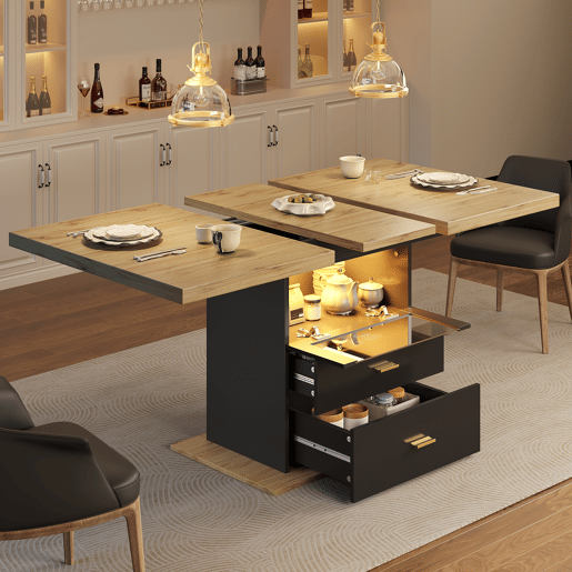 Mesa de jantar extensível retangular 110-140máx cm de mdf com luz led,preto+madeira Mesa de jantar extensível retangular 110-140máx cm de mdf com luz led,preto+madeira