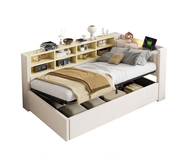 Cama individual de terciopelo 90x200 cm con almacenaje,beige