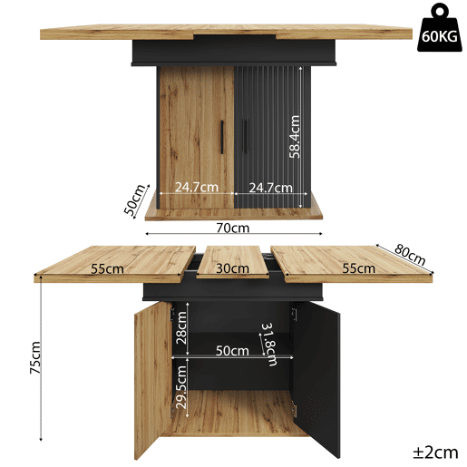 Mesa de jantar extensível retangular 110-140máx cm de mdf,preto+madeira Mesa de jantar extensível retangular 110-140máx cm de mdf,preto+madeira